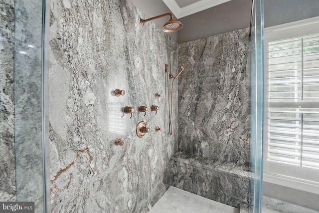 2555 Vale Ridge Ct, Oakton, VA 22124 - bathroom with a marble finish shower and crown molding