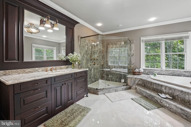 2555 Vale Ridge Ct, Oakton, VA 22124 - bathroom with a garden tub, vanity, crown molding, a stall shower, and recessed lighting