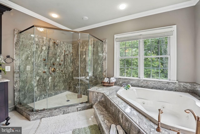 2555 Vale Ridge Ct, Oakton, VA 22124 - full bathroom featuring a jetted tub, a marble finish shower, ornamental molding, tile patterned floors, and vanity