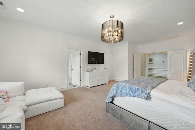 2555 Vale Ridge Ct, Oakton, VA 22124 - carpeted bedroom with crown molding, a chandelier, recessed lighting, and arched walkways