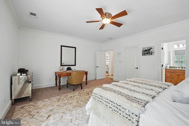 2555 Vale Ridge Ct, Oakton, VA 22124 - bedroom featuring crown molding, light colored carpet, baseboards, a desk, and a ceiling fan