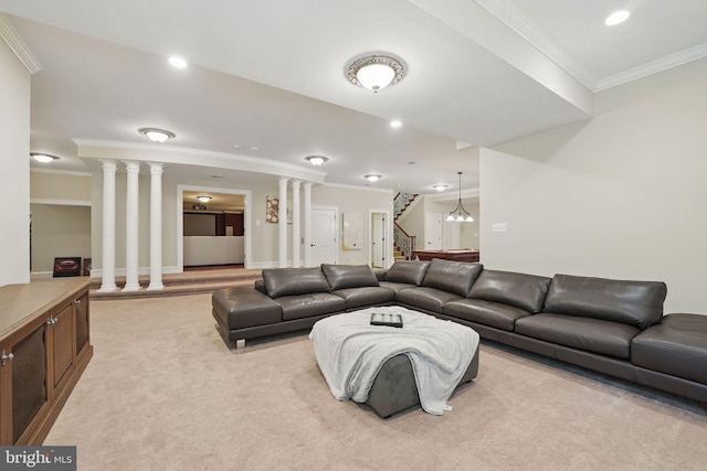 2555 Vale Ridge Ct, Oakton, VA 22124 - living room with ornate columns, stairway, crown molding, light carpet, and recessed lighting