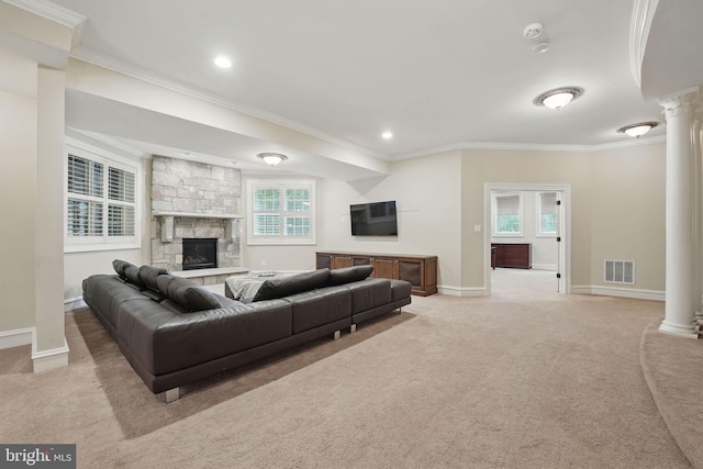 2555 Vale Ridge Ct, Oakton, VA 22124 - living area featuring light carpet, ornate columns, ornamental molding, baseboards, and a fireplace