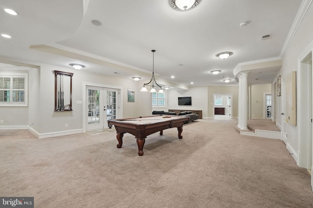 2555 Vale Ridge Ct, Oakton, VA 22124 - rec room featuring ornate columns, ornamental molding, french doors, light carpet, and billiards