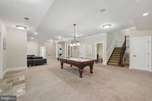 2555 Vale Ridge Ct, Oakton, VA 22124 - recreation room with crown molding, billiards table, carpet flooring, baseboards, and recessed lighting