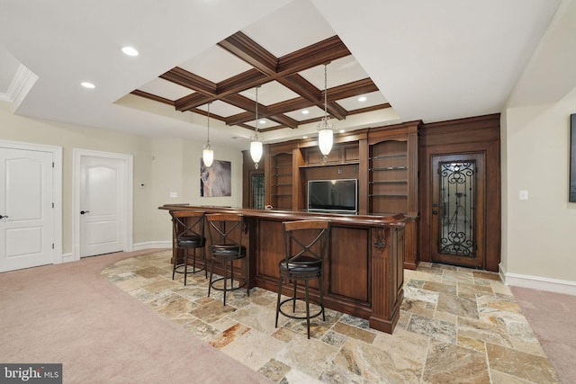 2555 Vale Ridge Ct, Oakton, VA 22124 - indoor dry bar featuring baseboards, stone tile flooring, coffered ceiling, beam ceiling, and decorative light fixtures