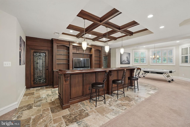 2555 Vale Ridge Ct, Oakton, VA 22124 - indoor bar with baseboards, recessed lighting, pendant lighting, beamed ceiling, and light carpet
