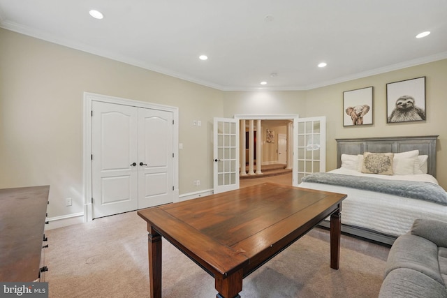 2555 Vale Ridge Ct, Oakton, VA 22124 - bedroom featuring french doors, recessed lighting, ornamental molding, a closet, and light colored carpet