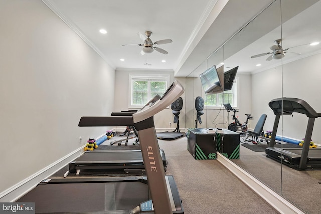2555 Vale Ridge Ct, Oakton, VA 22124 - workout room featuring ceiling fan, ornamental molding, recessed lighting, and baseboards