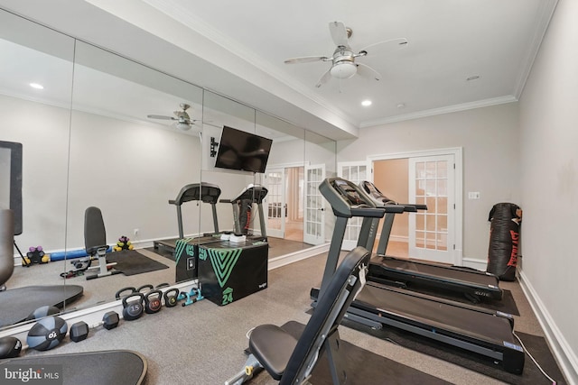 2555 Vale Ridge Ct, Oakton, VA 22124 - exercise room featuring a ceiling fan, ornamental molding, baseboards, recessed lighting, and french doors