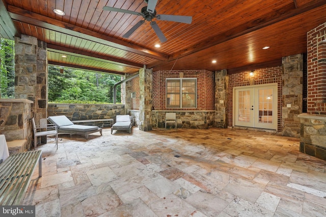 2555 Vale Ridge Ct, Oakton, VA 22124 - view of patio / terrace with french doors, ceiling fan, and an outdoor fireplace