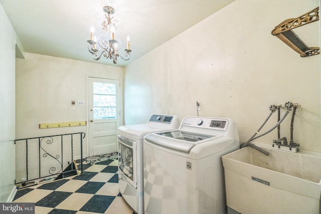 355 Arden, Gulph Mills, PA 19428 - laundry area with tile patterned floors, independent washer and dryer, and a chandelier