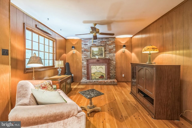 355 Arden, Gulph Mills, PA 19428 - living area featuring hardwood / wood-style floors, a ceiling fan, and wood walls