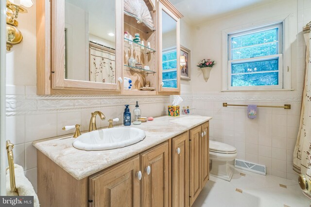 355 Arden, Gulph Mills, PA 19428 - bathroom with tile walls, vanity, toilet, tile patterned floors, and curtained shower