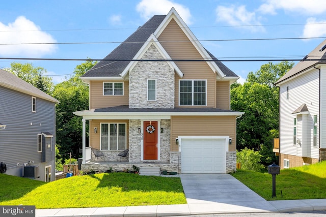 528 N Third St, Martinsburg, WV 25404 - craftsman house with stone siding, cooling unit, a front yard, and concrete driveway