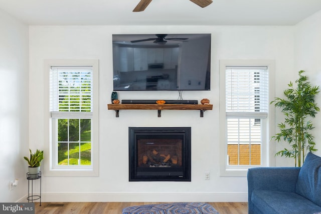 528 N Third St, Martinsburg, WV 25404 - living area with a ceiling fan, wood finished floors, a glass covered fireplace, and baseboards