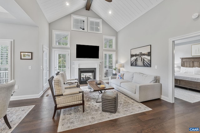 336 Avondale Ln, Crozet, VA 22932 - living area with a ceiling fan, high vaulted ceiling, dark wood finished floors, a glass covered fireplace, and baseboards