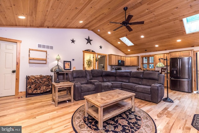2733 Wood Ln, Morgantown, PA 19543 - living room with a skylight, light wood-style flooring, wooden ceiling, a ceiling fan, and recessed lighting