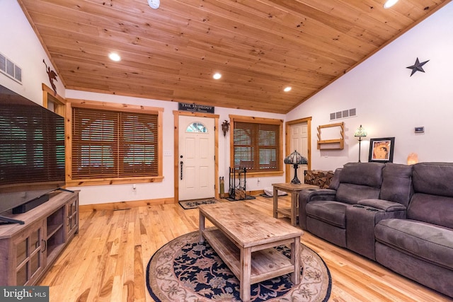2733 Wood Ln, Morgantown, PA 19543 - living area featuring wooden ceiling, lofted ceiling, light wood finished floors, recessed lighting, and baseboards