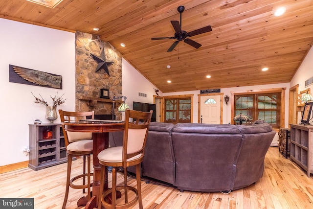 2733 Wood Ln, Morgantown, PA 19543 - living room featuring light wood-style floors, vaulted ceiling, wooden ceiling, recessed lighting, and ceiling fan