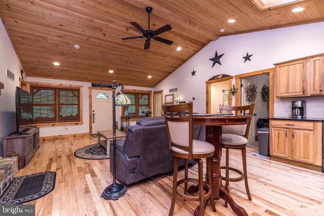 2733 Wood Ln, Morgantown, PA 19543 - living area with wooden ceiling, vaulted ceiling, light wood-style floors, a ceiling fan, and recessed lighting