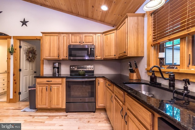 2733 Wood Ln, Morgantown, PA 19543 - kitchen featuring stainless steel microwave, electric range oven, a sink, wooden ceiling, and light wood-style flooring