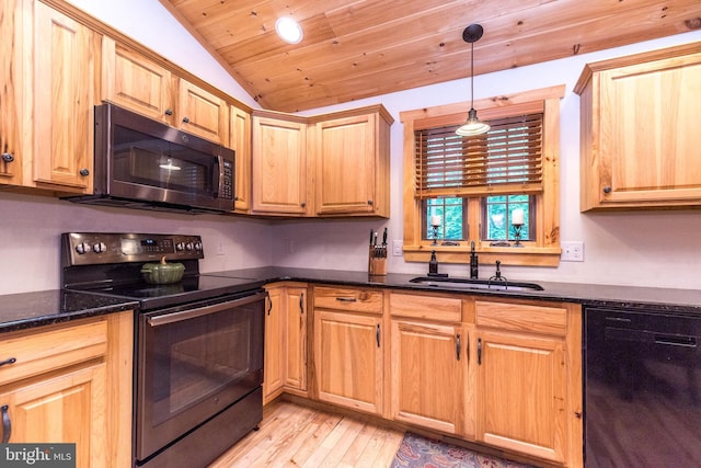 2733 Wood Ln, Morgantown, PA 19543 - kitchen featuring electric range oven, black dishwasher, vaulted ceiling, a sink, and light wood-style flooring