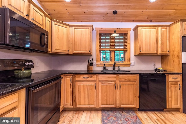 2733 Wood Ln, Morgantown, PA 19543 - kitchen featuring black appliances, a sink, light wood-type flooring, wood ceiling, and pendant lighting