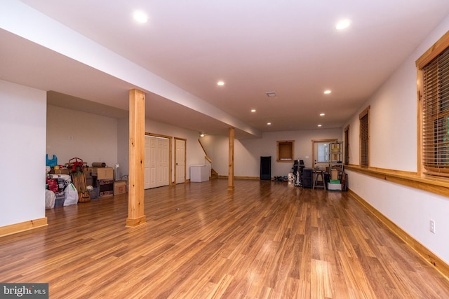 2733 Wood Ln, Morgantown, PA 19543 - finished basement featuring light wood-type flooring, recessed lighting, stairway, and baseboards