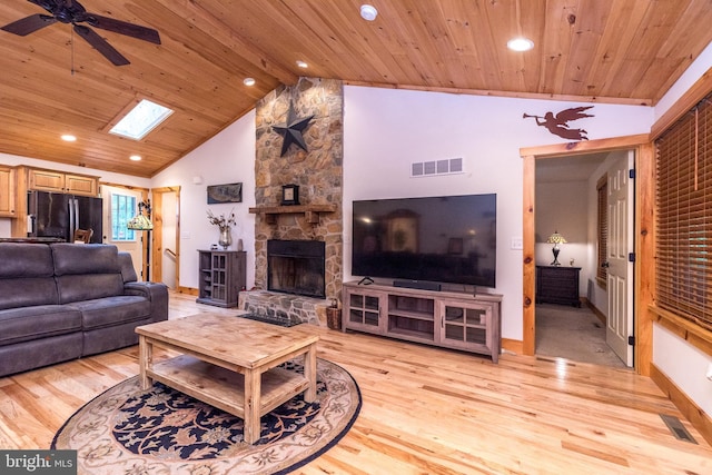 2733 Wood Ln, Morgantown, PA 19543 - living area featuring light wood-type flooring, a skylight, a ceiling fan, wood ceiling, and a fireplace