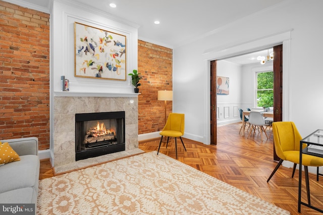 4022 Illinois Ave NW, Washington, DC 20011 - living area featuring ornamental molding, a lit fireplace, baseboards, and brick wall