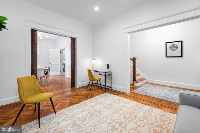 4022 Illinois Ave NW, Washington, DC 20011 - living area featuring baseboards, crown molding, recessed lighting, stairs, and a desk