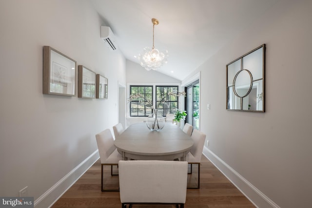 6040 Nebraska Ave NW, Washington, DC 20015 - dining room featuring a wall unit AC, a chandelier, lofted ceiling, wood finished floors, and baseboards