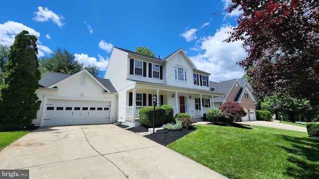 6404 Distant Melody Pl, Columbia, MD 21044 - view of front of home with concrete driveway, covered porch, a front lawn, and an attached garage