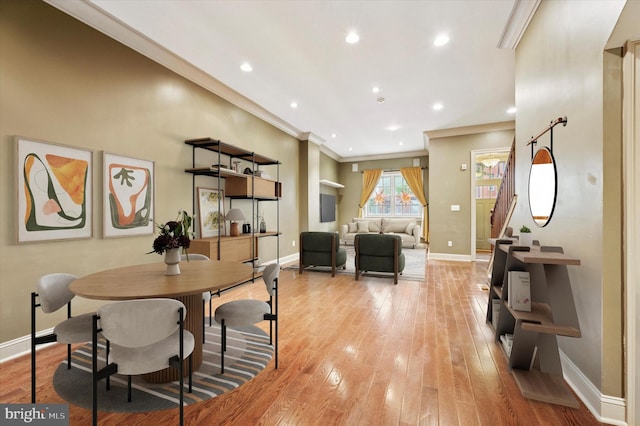 2351 E York St, Philadelphia, PA 19125 - dining area with baseboards, light wood-style flooring, ornamental molding, and recessed lighting