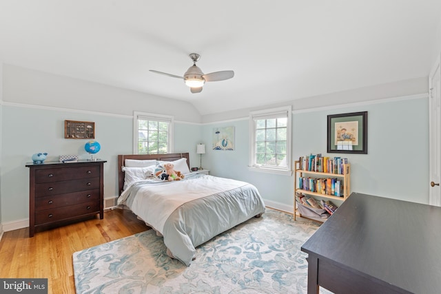 1110 Clover Hill Rd, Wynnewood, PA 19096 - bedroom featuring light wood-style floors, baseboards, ceiling fan, and lofted ceiling