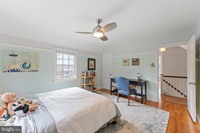 1110 Clover Hill Rd, Wynnewood, PA 19096 - bedroom with lofted ceiling, wood finished floors, a ceiling fan, and baseboards