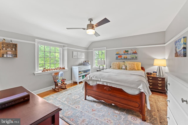 1110 Clover Hill Rd, Wynnewood, PA 19096 - bedroom with vaulted ceiling, baseboards, ceiling fan, and wood finished floors