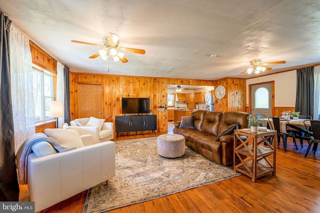 5927 Rte 6, Wellsboro, PA 16901 - living area featuring a ceiling fan, wooden walls, and wood finished floors