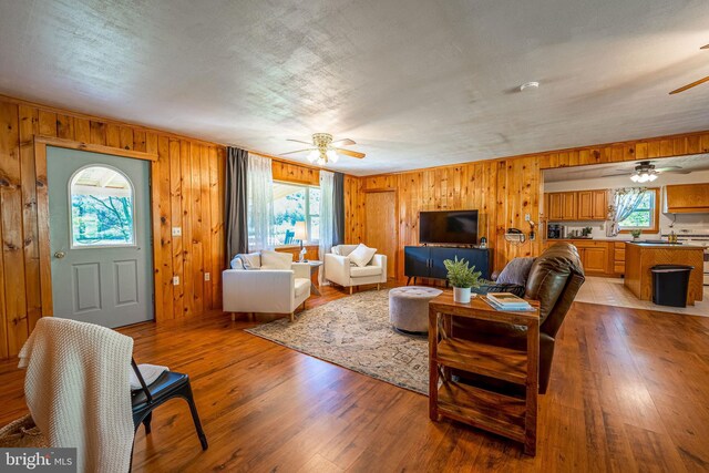 5927 Rte 6, Wellsboro, PA 16901 - living area with ceiling fan, light wood finished floors, and wooden walls