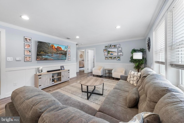 420 Conifer Dr, Forked River, NJ 08731 - living room with a wainscoted wall, crown molding, wood finished floors, and recessed lighting