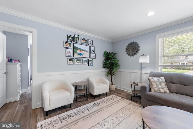 420 Conifer Dr, Forked River, NJ 08731 - living room featuring wood finished floors, crown molding, a wainscoted wall, and recessed lighting