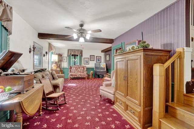 1150 S Mountain Rd, Dillsburg, PA 17019 - living room with carpet floors, ceiling fan, stairs, and beam ceiling