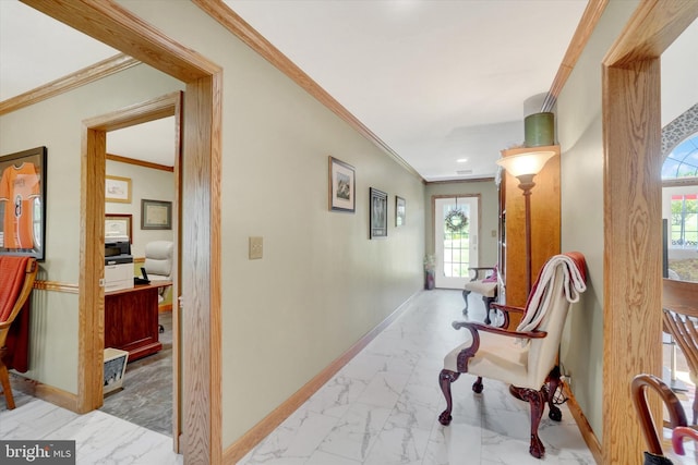 1150 S Mountain Rd, Dillsburg, PA 17019 - corridor with marble look tiles, crown molding, baseboards, and plenty of natural light