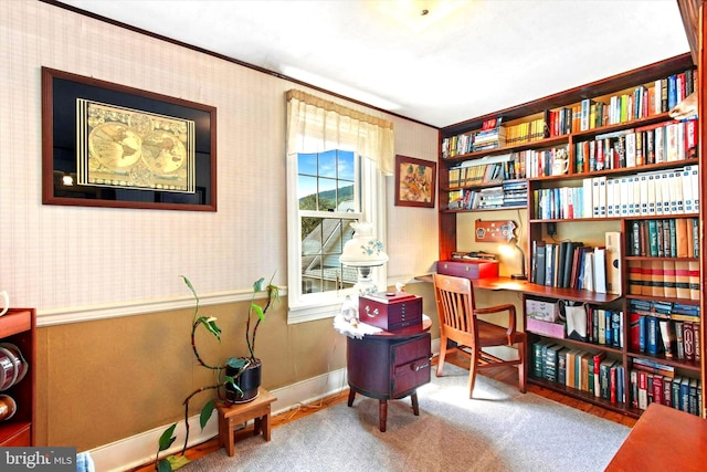 1150 S Mountain Rd, Dillsburg, PA 17019 - sitting room featuring ornamental molding, wallpapered walls, baseboards, and a desk