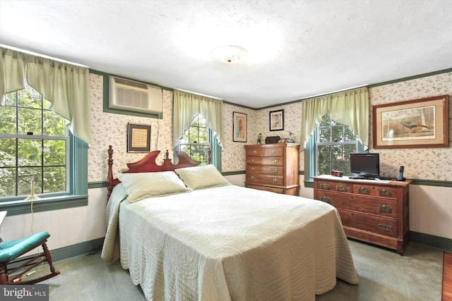 1150 S Mountain Rd, Dillsburg, PA 17019 - bedroom featuring wallpapered walls, baseboards, multiple windows, a wall mounted AC, and light wood-type flooring