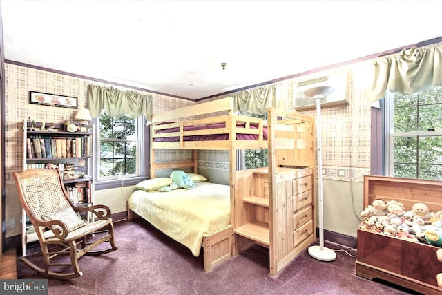 1150 S Mountain Rd, Dillsburg, PA 17019 - bedroom featuring ornamental molding, carpet flooring, baseboards, and wallpapered walls