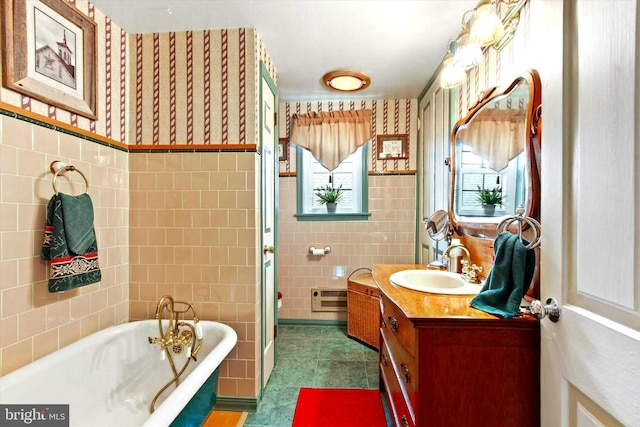 1150 S Mountain Rd, Dillsburg, PA 17019 - bathroom with tile walls, vanity, a bath, a shower stall, and tile patterned flooring
