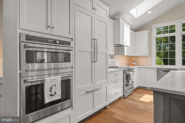 121 Eshelman Rd, Lancaster, PA 17601 - kitchen featuring appliances with stainless steel finishes, a skylight, white cabinetry, light wood-style flooring, and backsplash