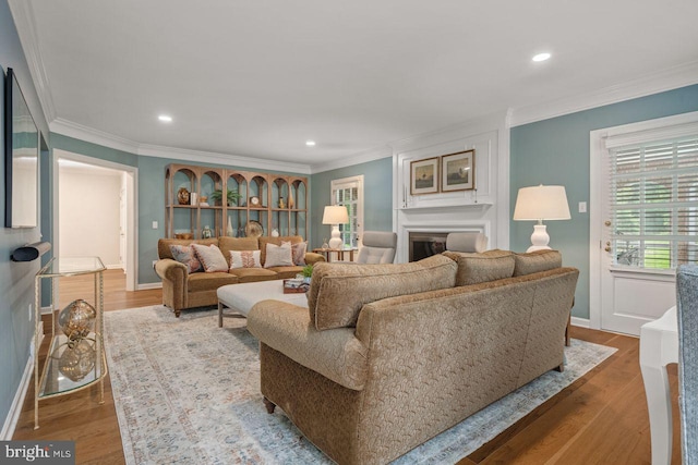 121 Eshelman Rd, Lancaster, PA 17601 - living room with wood finished floors, ornamental molding, a fireplace, recessed lighting, and baseboards
